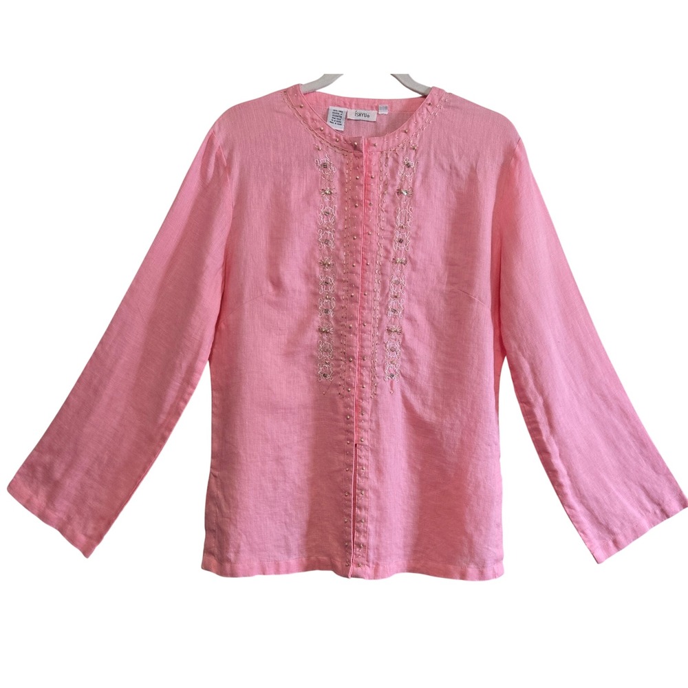 Ishyu Boho Chic Pink 100% Linen Embroidered Beaded Long Sleeve Blouse Top Sz M